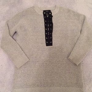 Gray Sweater with black lace tie detail